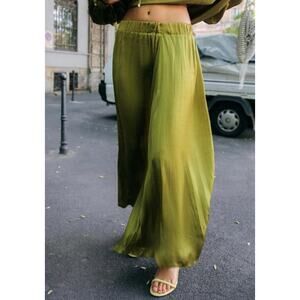 Zara Women’s‎ Slinky Satin Creased Effect Flowy Pull On Midi Skirt Size XS Green